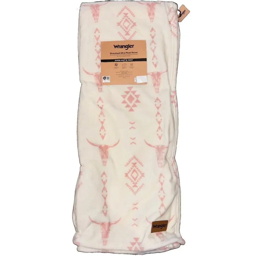 Wrangler Pink Longhorn Cow Steer Cowgirl Western Aztec Throw Blanket 60x70 NEW